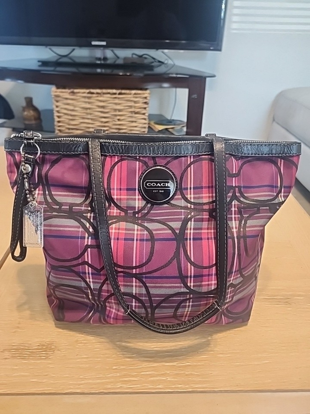 Coach Purple Pink Plaid Tote with Signature Circle Logo